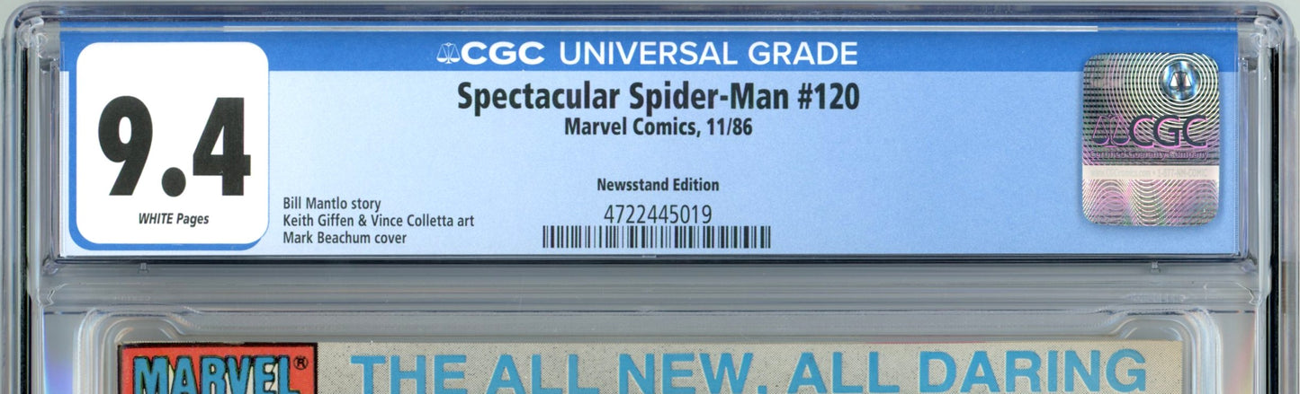 1986 Marvel Comics Spectacular Spider-Man #120 Graded Comic Book CGC 9.4 Newsstand