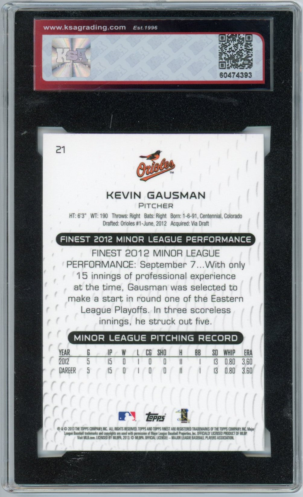 2013 Topps Finest Kevin Gausman #21 Graded Rookie Card KSA 9.5
