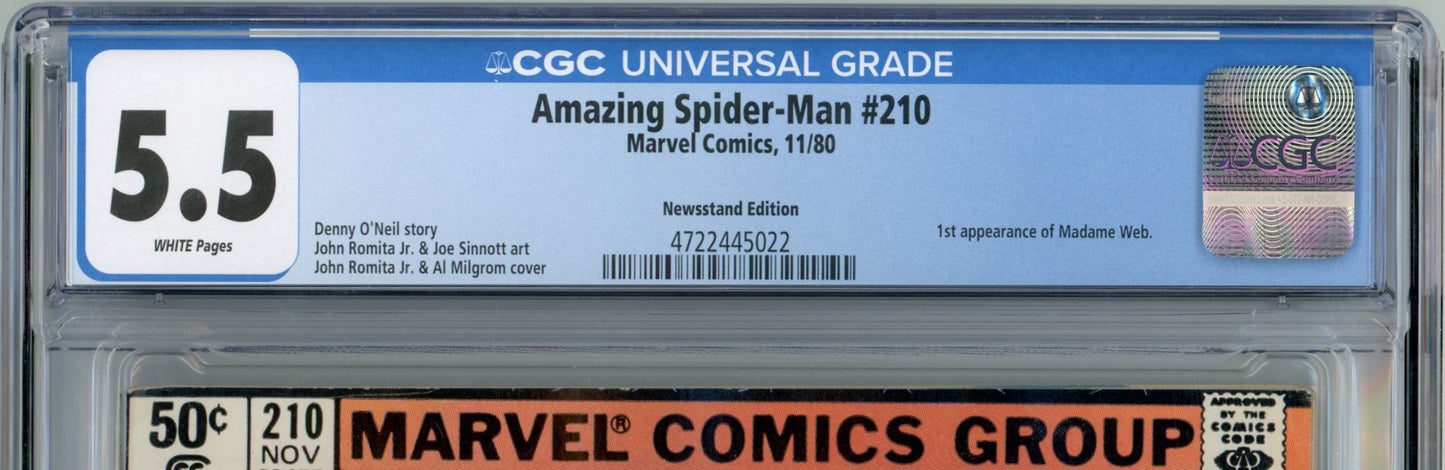 1980 Marvel Comics Amazing Spider-Man #210 Graded Comic Book CGC 5.5 Newsstand 1st Appearance of Madame Web