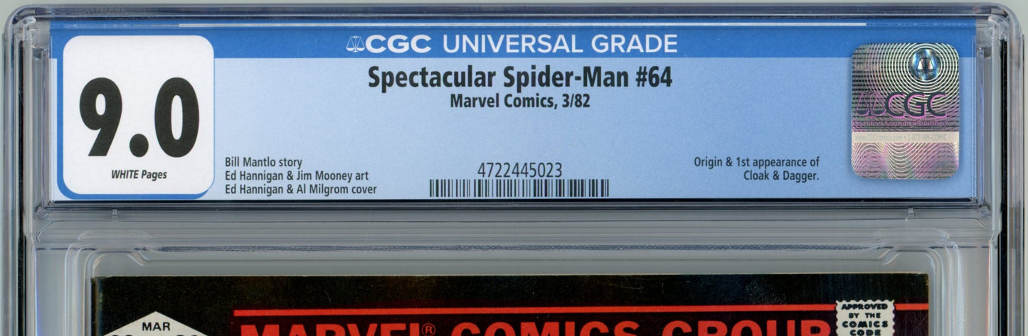 1982 Marvel Comics Spectacular Spider-Man #64 Graded Comic Book CGC 9.0 Origin & 1st Appearance of Cloak & Dagger
