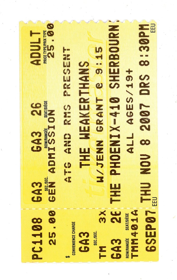 The Weakerthans Concert Ticket Stub Phoenix Concert Theatre (Toronto, 2007)