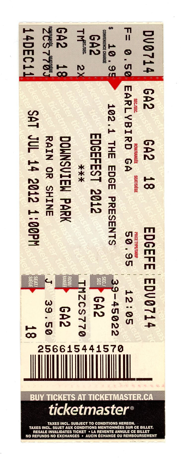 Edgefest 2012 Concert Ticket Stub Downsview Park (Toronto, 2012)
