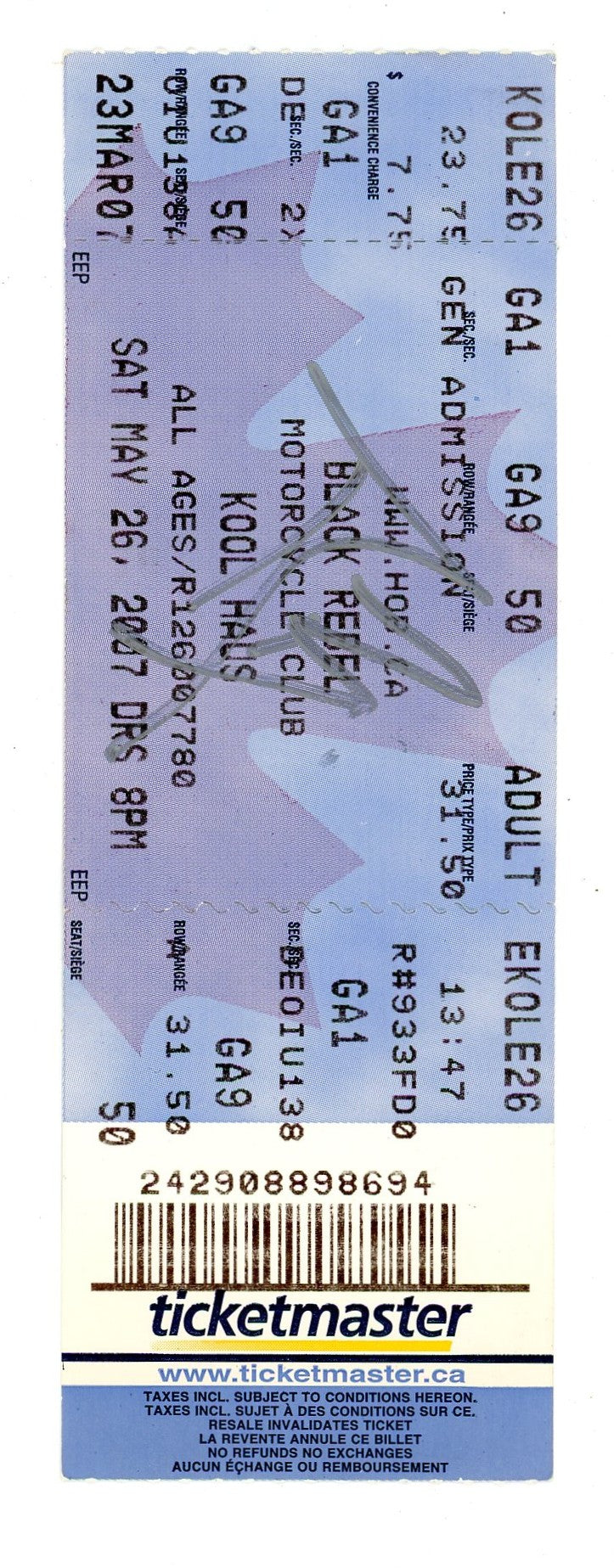 Black Rebel Motorcycle Club Concert Ticket Stub Kool Haus (Toronto, 2007) Autograph