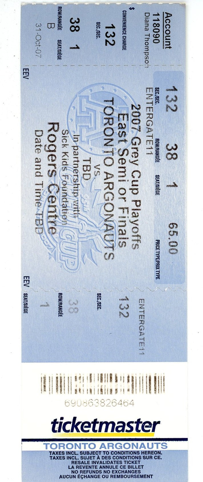 Toronto Argonauts CFL Playoffs Vintage Ticket Rogers Centre (Toronto, 2007)