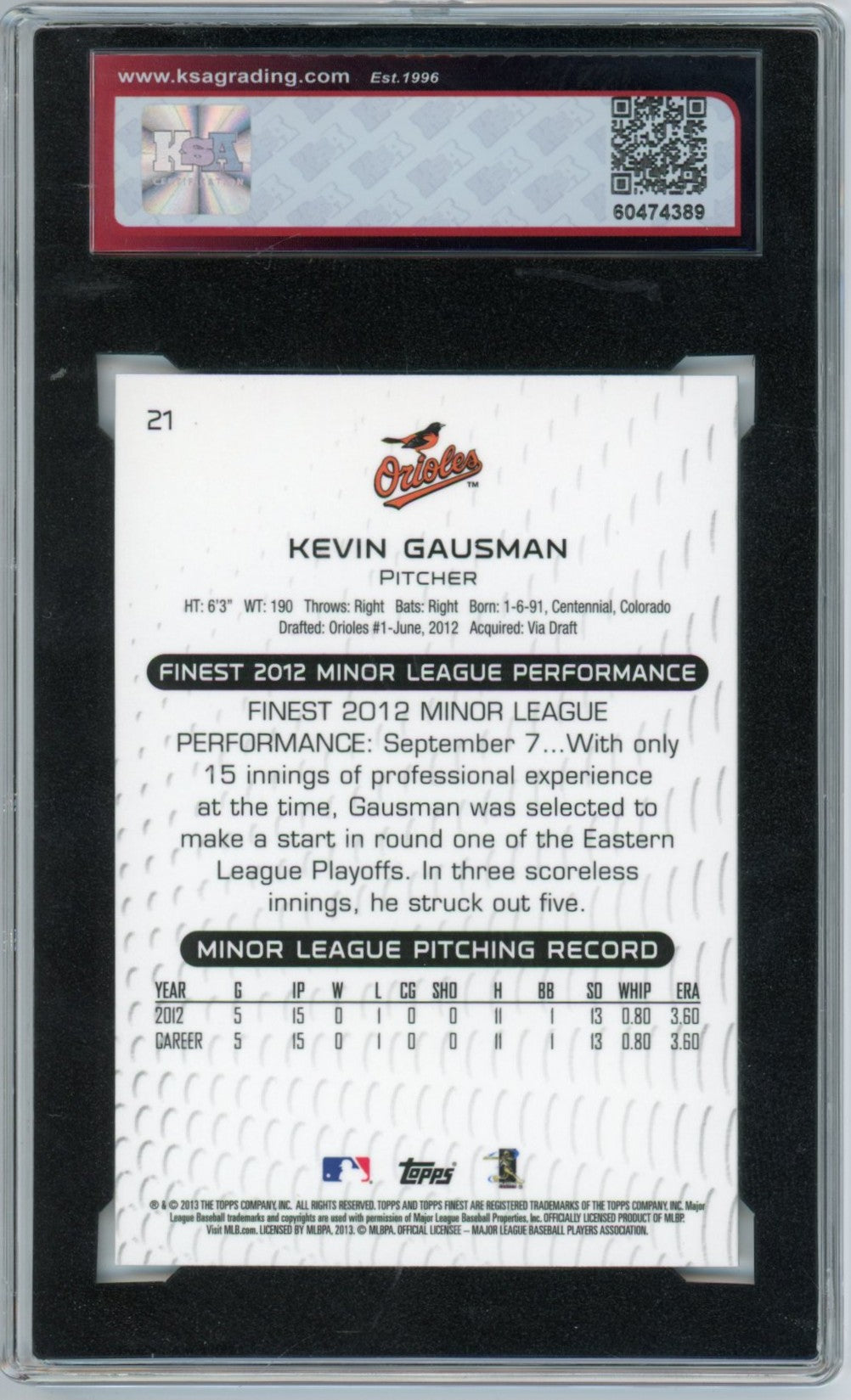 2013 Topps Finest Kevin Gausman Graded Rookie Card #21 KSA 10 Gem Mint