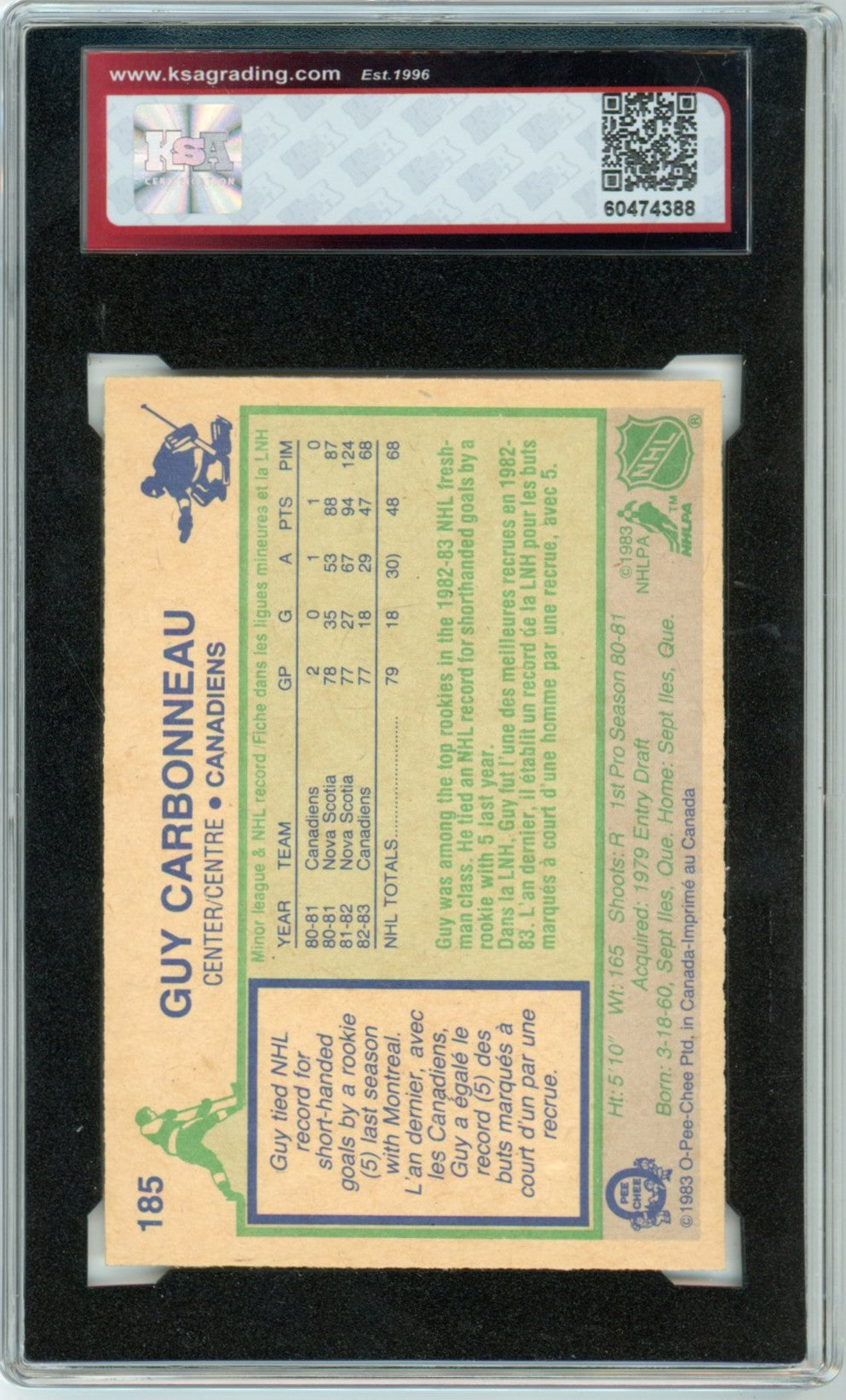 1983/84 OPC O-Pee-Chee Guy Carbonneau Graded Rookie Card #185 KSA 8.5