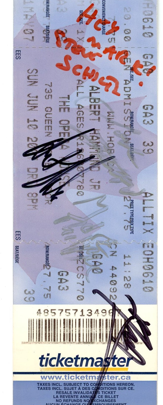 Albert Hammond Jr. Concert Ticket Stub Opera House (Toronto, 2007) Autograph