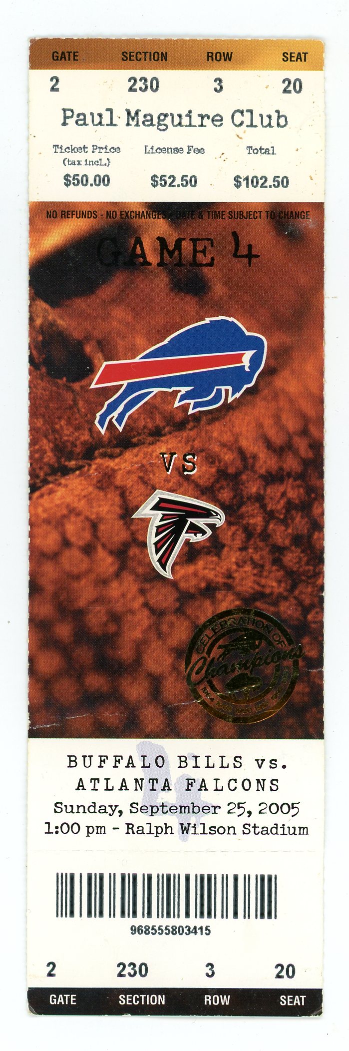 Buffalo Bills vs. Atlanta Falcons Vintage Ticket Ralph Wilson Stadium (Orchard Park NY, 2005)