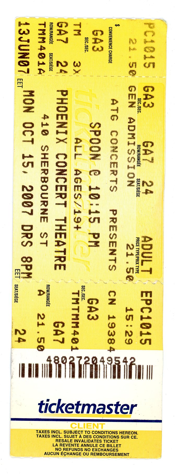 Spoon Concert Ticket Stub Phoenix Concert Theatre (Toronto, 2007)