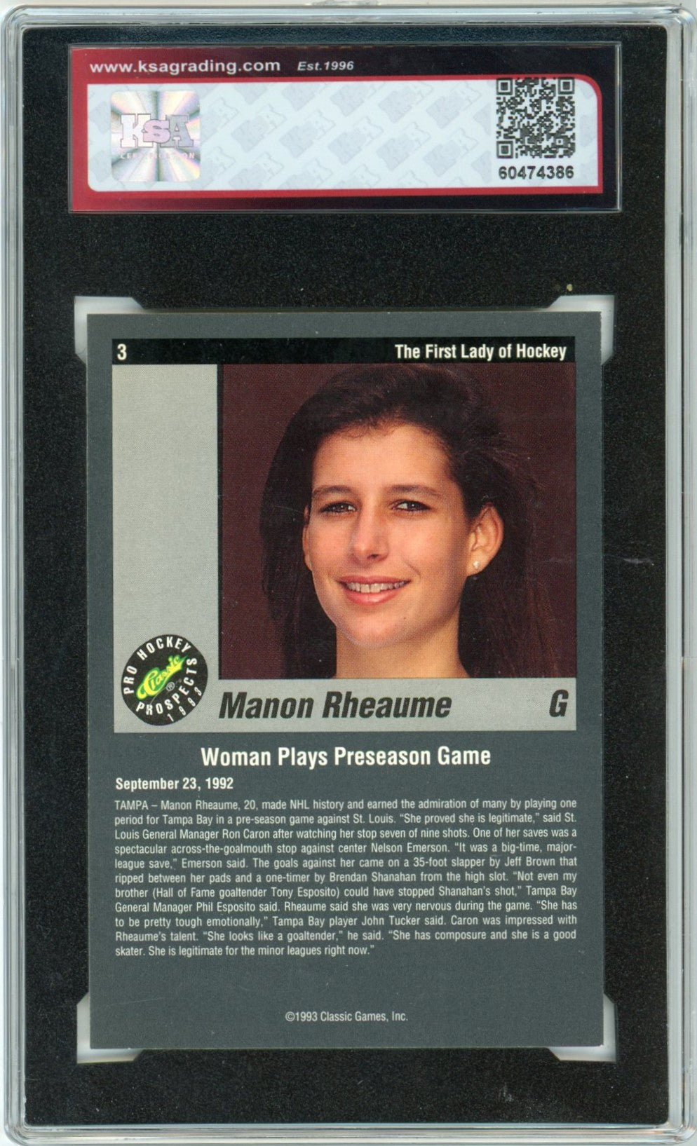 1993 Classic Pro Manon Rheaume Hockey Pros Graded Hockey Card #3 KSA 6
