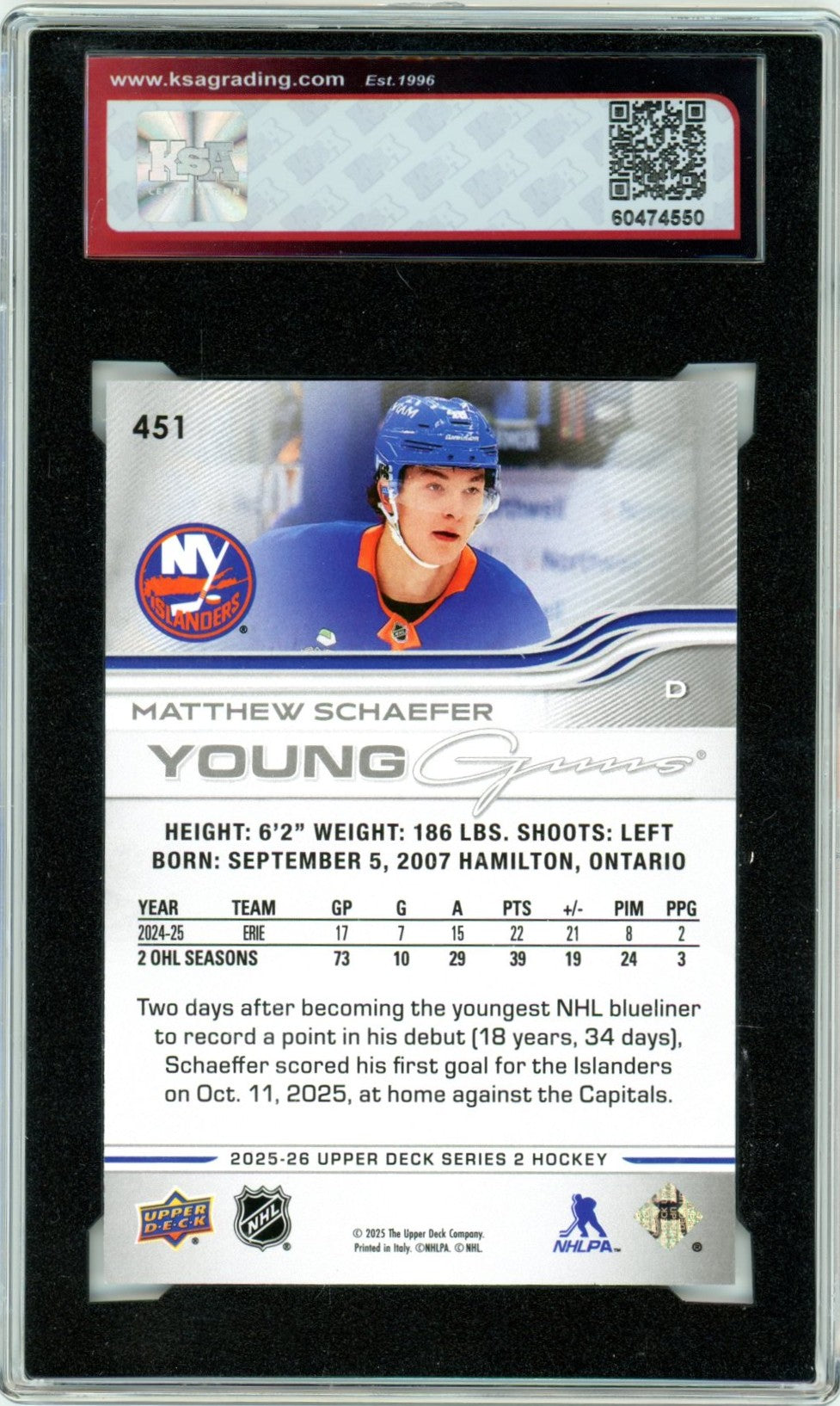 2025/26 Upper Deck Matthew Schaefer #451 Graded Rookie Card KSA 9.5