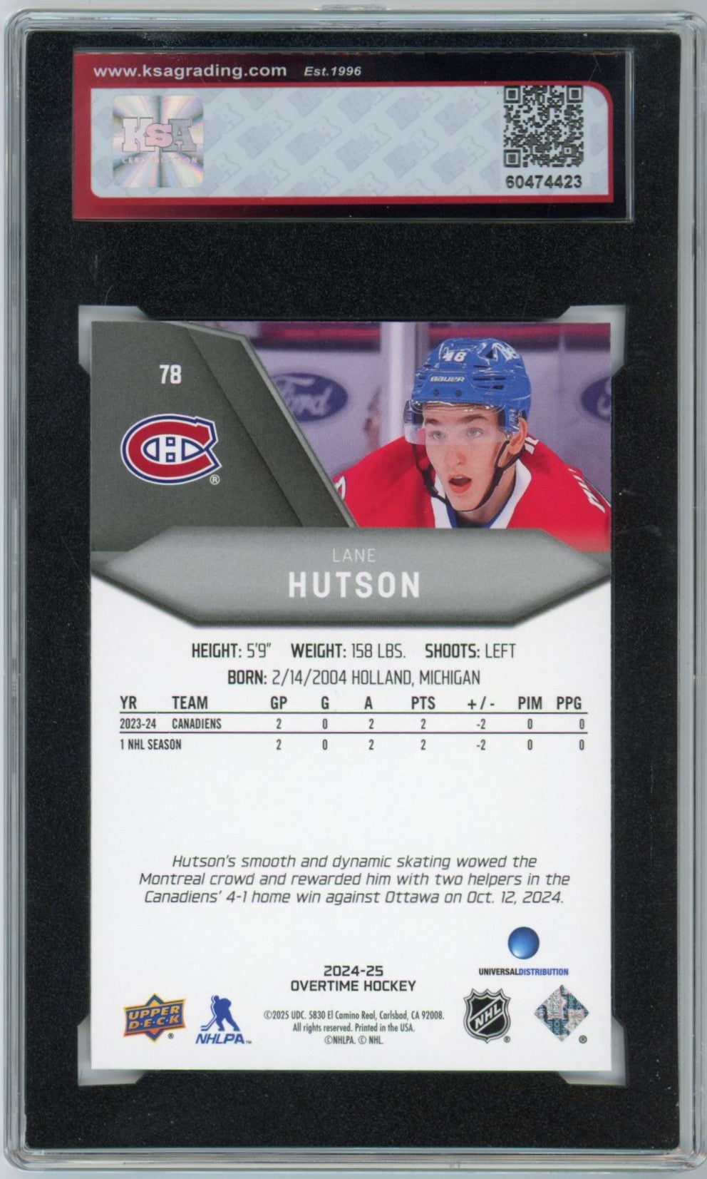2024/25 Upper Deck Overtime Lane Hutson Red Foil Graded Rookie Card #78 KSA 9.5