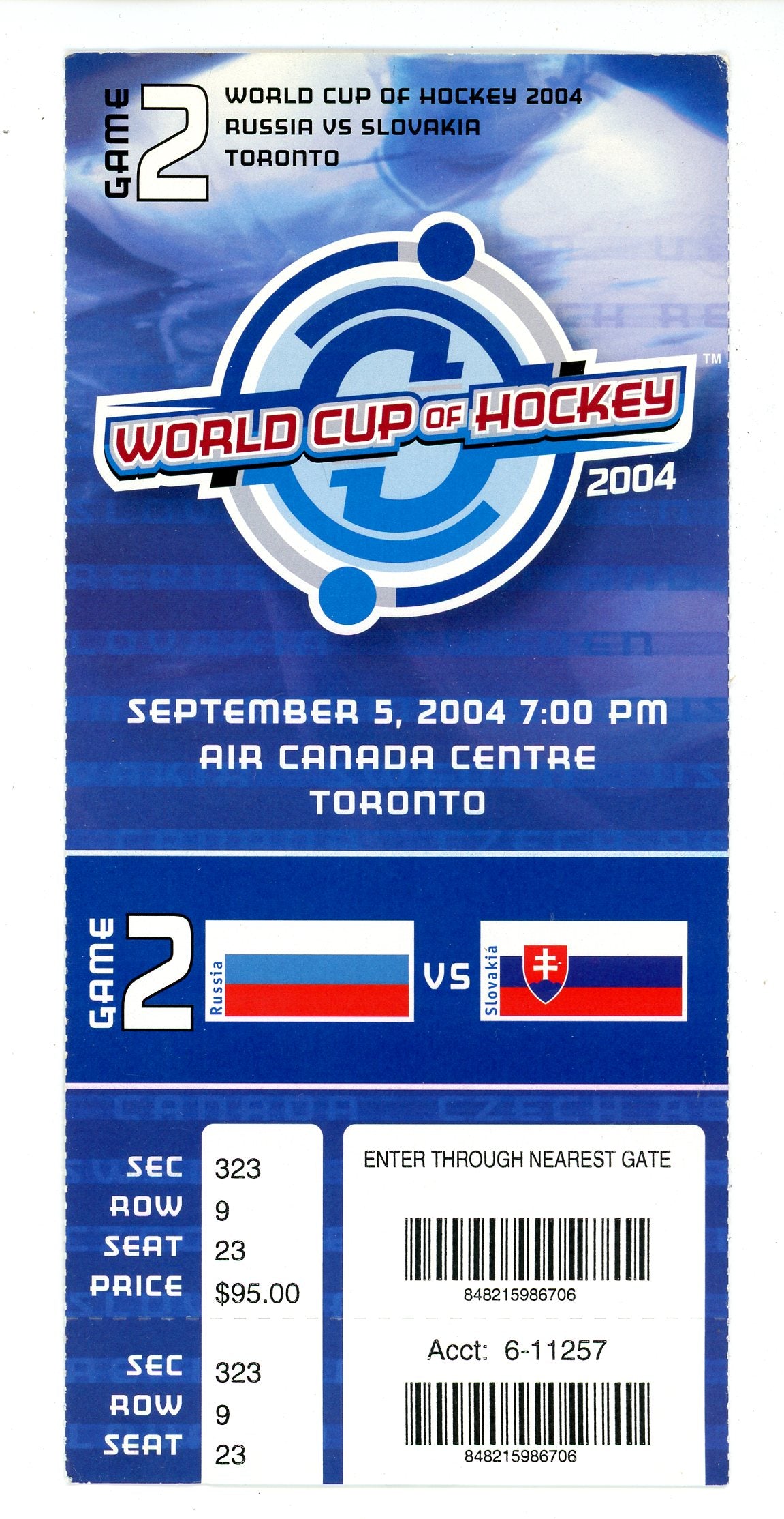 Russia vs. Slovakia World Cup of Hockey Ticket Air Canada Centre (Toronto, 2004)