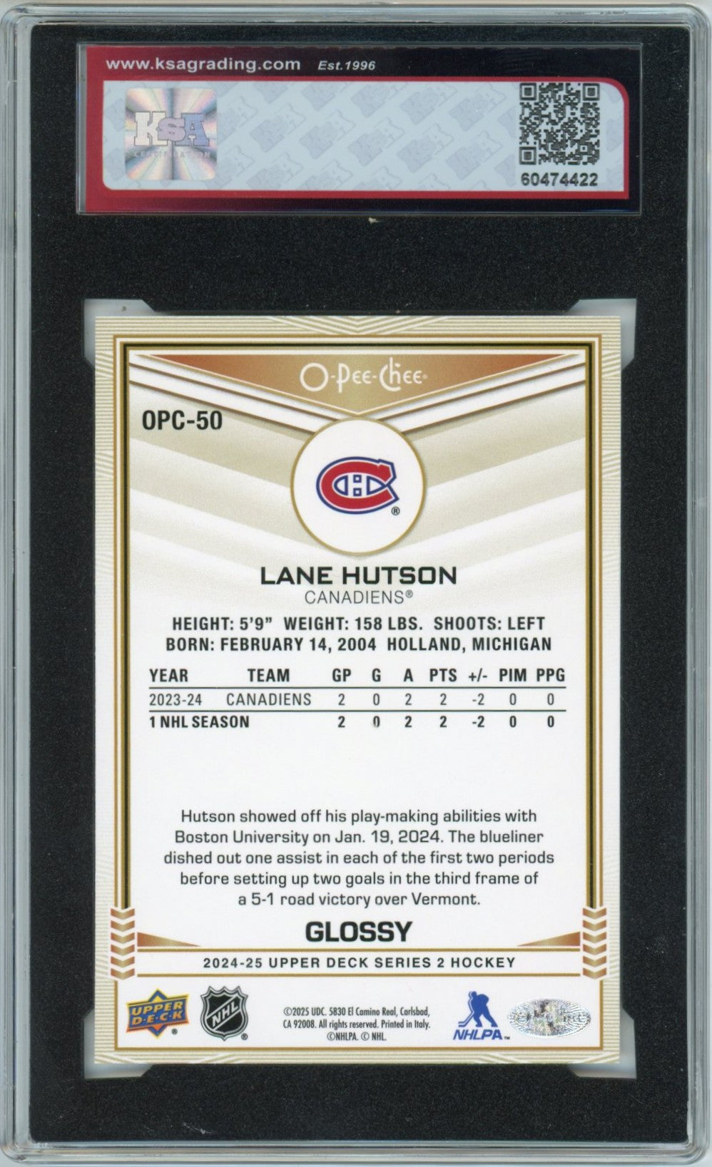 2024/25 Upper Deck Lane Hutson OPC Glossy Graded Rookie Card #OPC-50 KSA 10