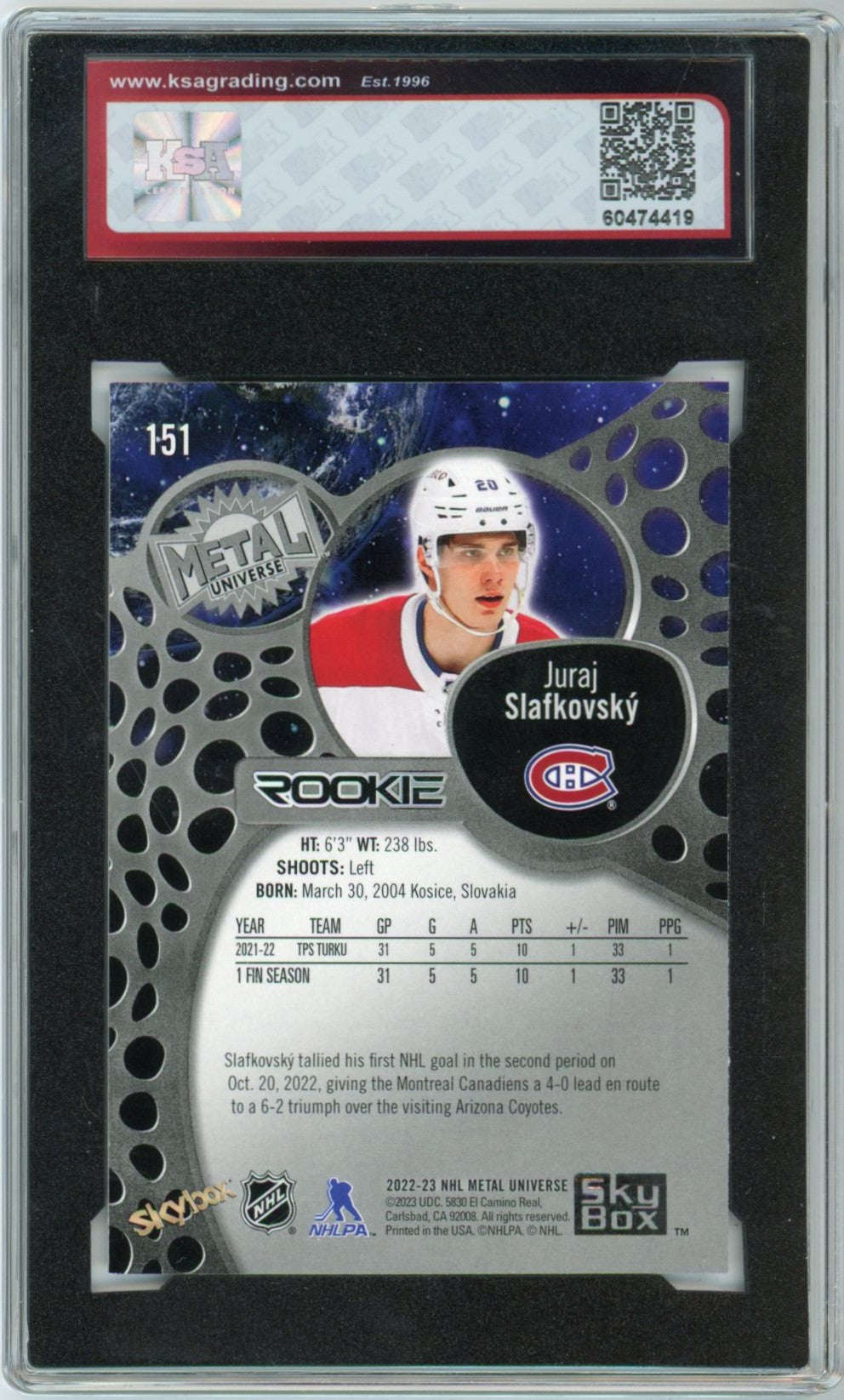 2022/23 Skybox Metal Universe Juraj Slafkovsky Graded Rookie Card #151 KSA 9