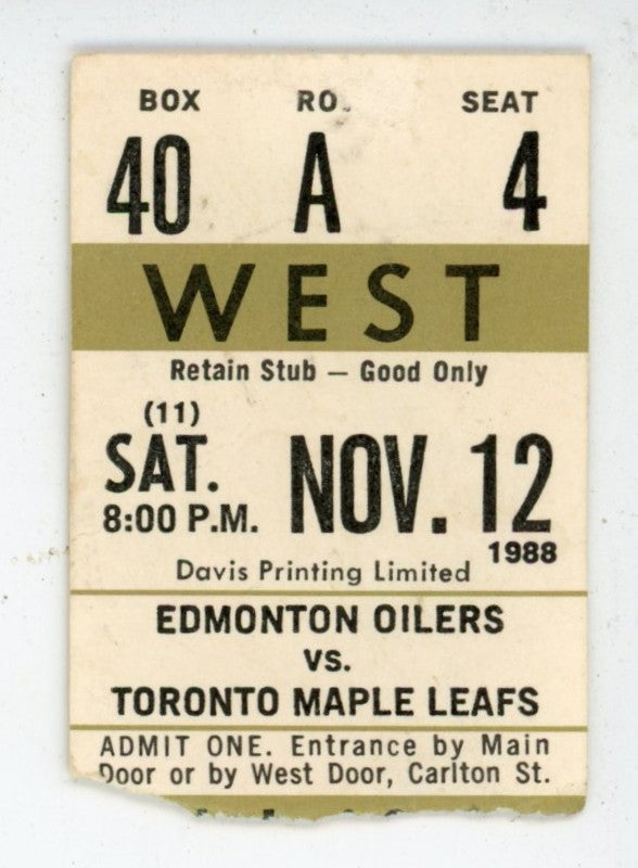 Edmonton Oilers vs. Toronto Vintage Ticket Stub Maple Leaf Gardens (Toronto, 1988) Wayne Gretzky