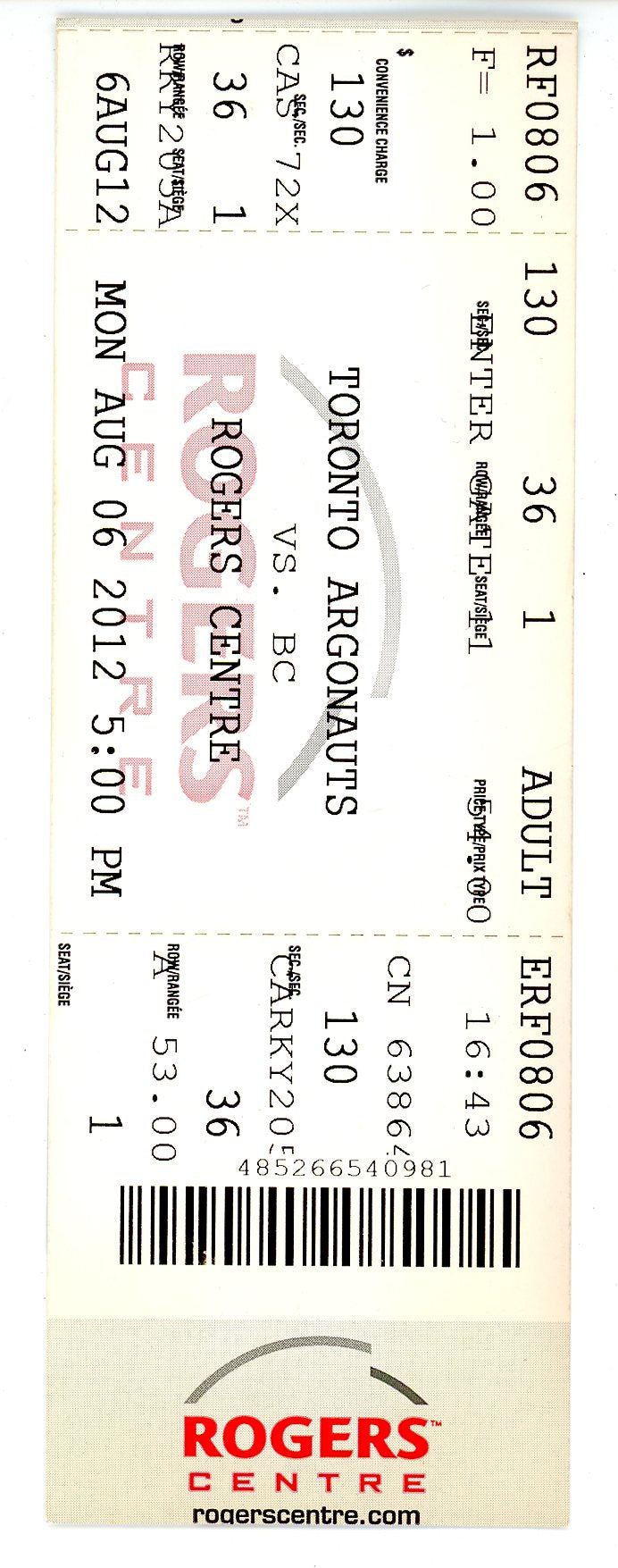 Toronto Argonauts vs. BC Lions Ticket Rogers Centre (Toronto, 2012)