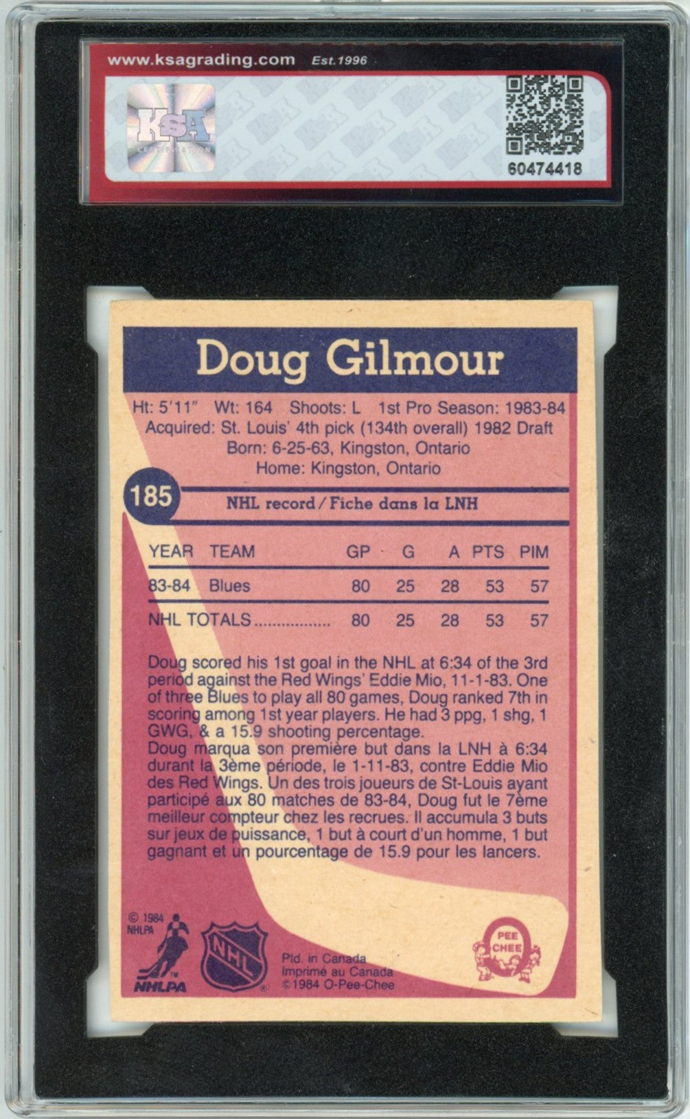 1984/95 OPC O-Pee-Chee Doug Gilmour Graded Rookie Card #185 KSA Authentic - Trimmed