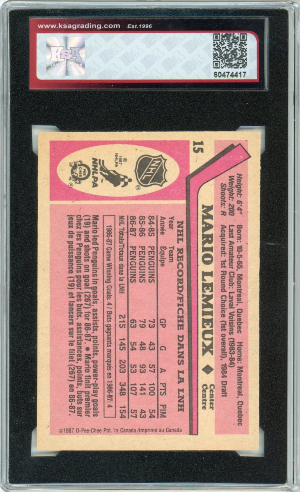 1987/88 OPC O-Pee-Chee Mario Lemieux Graded Hockey Card #15 KSA 7.5