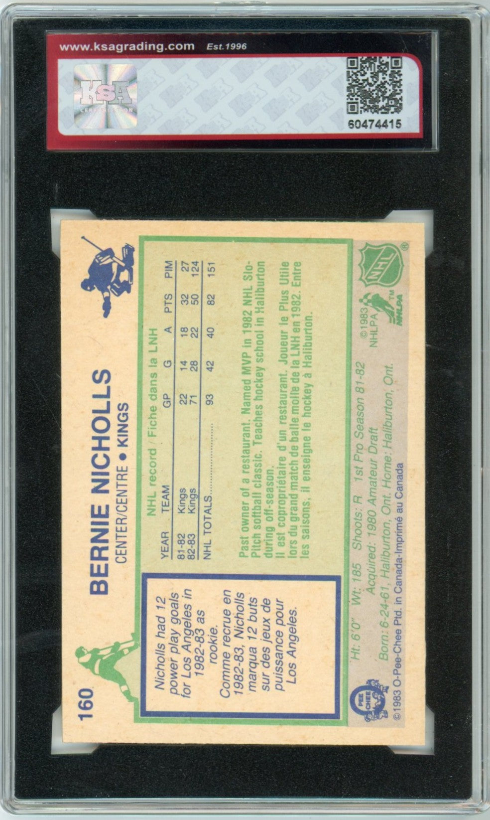 1983/84 OPC O-Pee-Chee Bernie Nicholls Graded Rookie Card #160 KSA 8.5