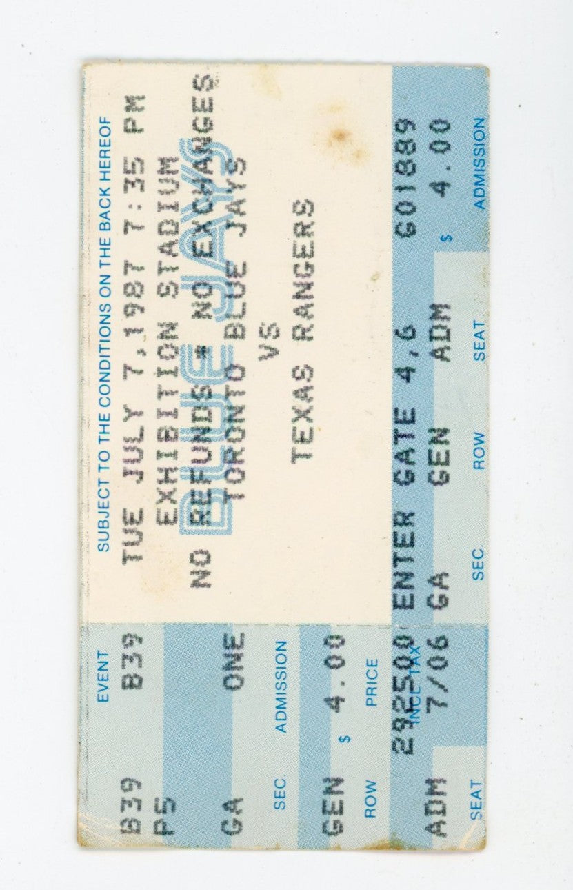 Toronto Blue Jays vs. Texas Rangers Vintage Ticket Stub Exhibition Stadium (Toronto, 1987)