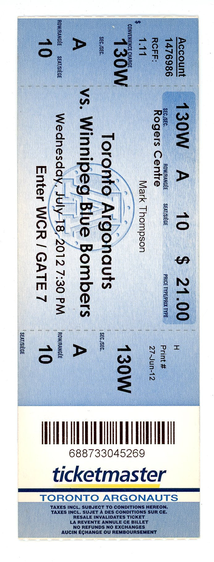 Toronto Argonauts vs Winnipeg Blue Bombers Ticket Rogers Centre (Toronto, 2012)