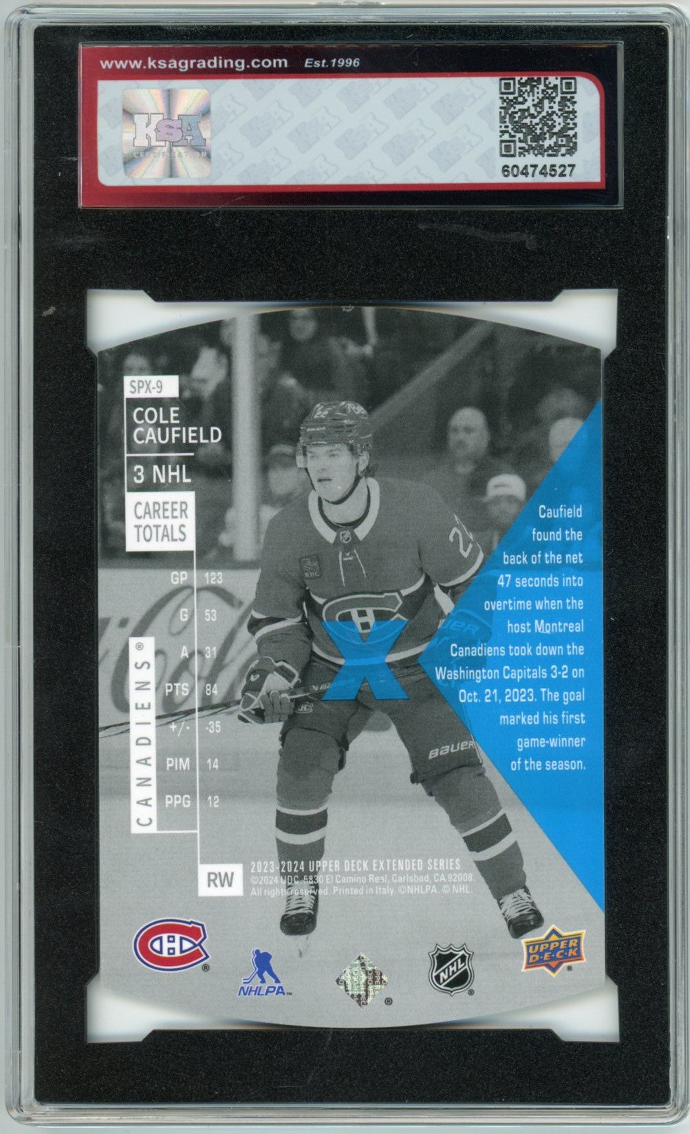 2023/24 Upper Deck Extended Cole Caufield SPX Holoview Retro Graded Card #SPX-9 KSA 9