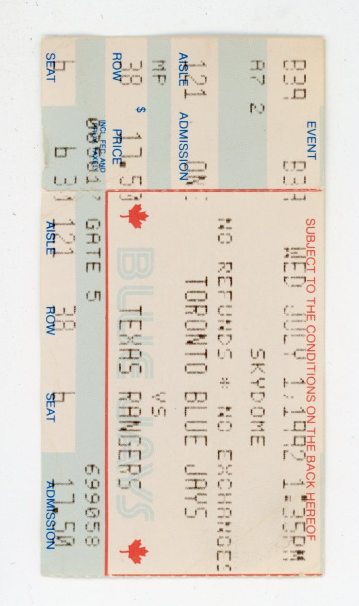 Toronto Blue Jays vs. Texas Rangers Vintage Ticket Skydome (Toronto, 1992)