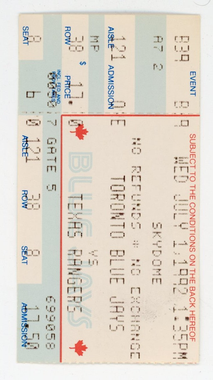 Toronto Blue Jays vs. Texas Rangers Vintage Ticket Stub Skydome (Toronto, 1992)
