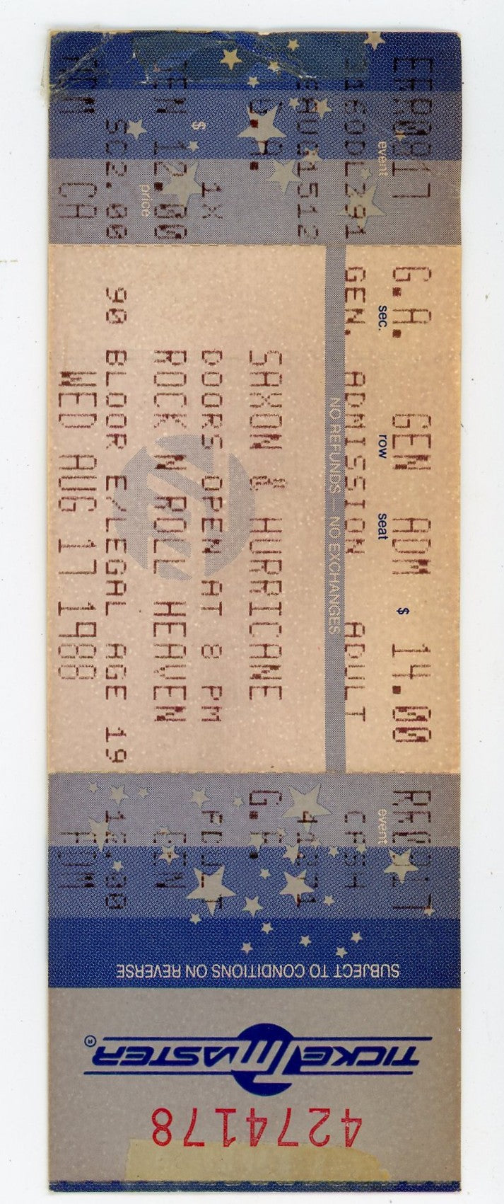 Saxon with Hurricane Vintage Concert Ticket Stub Rock 'N' Roll Heaven (Toronto, 1988)