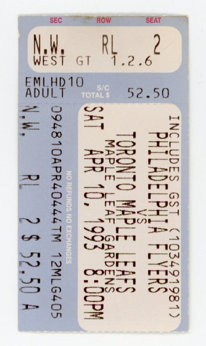 Philadelphia Flyers vs. Toronto Maple Leafs Vintage Ticket Maple Leaf Gardens (Toronto, 1993) Lindros