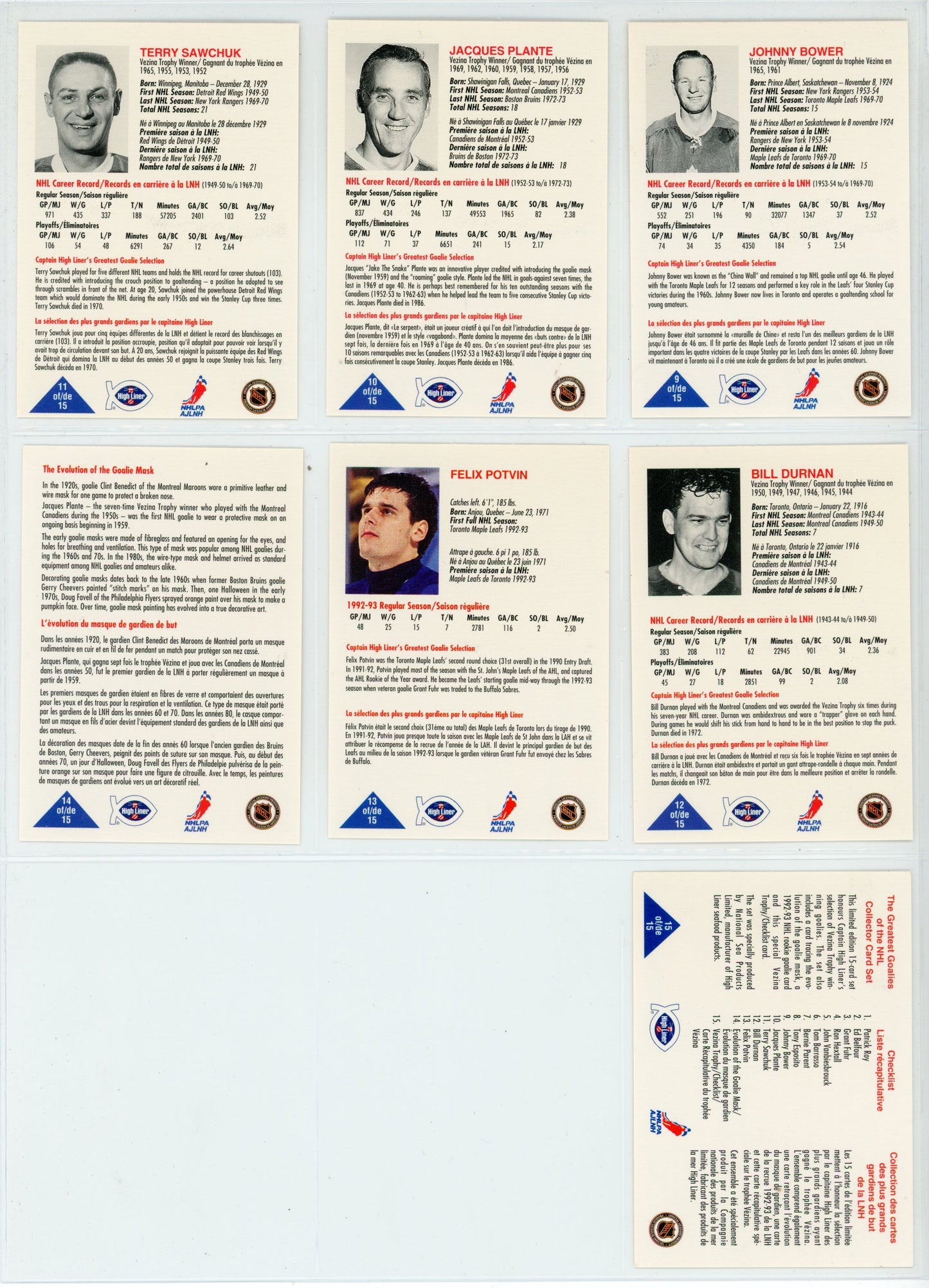 1993 High Liner Greatest Goalies NHL Hockey Card Complete Set (15 Cards)