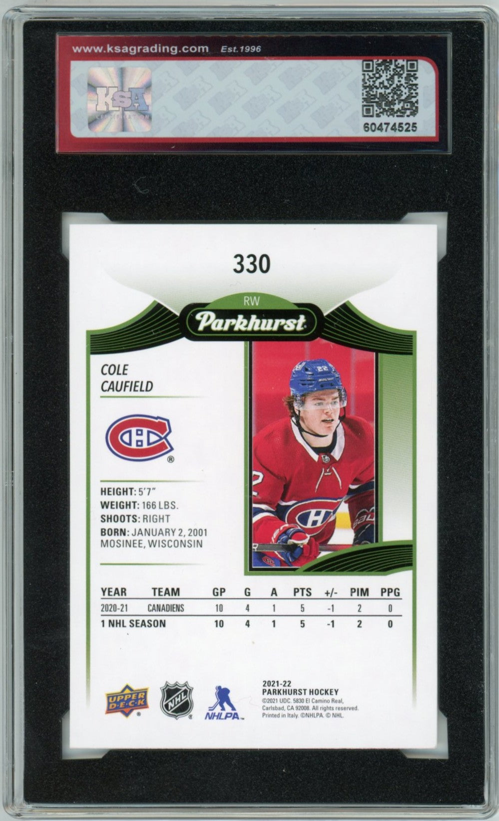 2021/22 Parkhurst Cole Caufield Graded Rookie Card #330 KSA 9