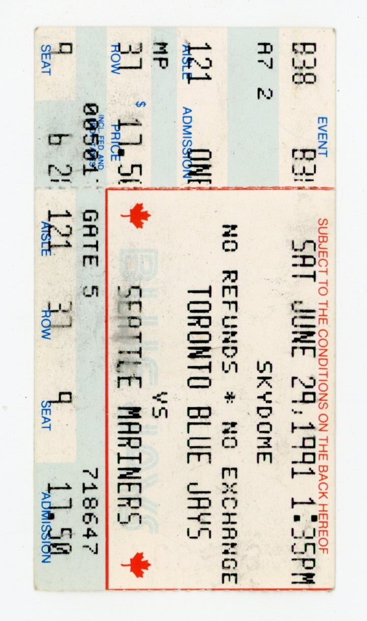 Toronto Blue Jays vs. Seattle Mariners Vintage Ticket Skydome (Toronto, 1991) Ken Griffey Jr
