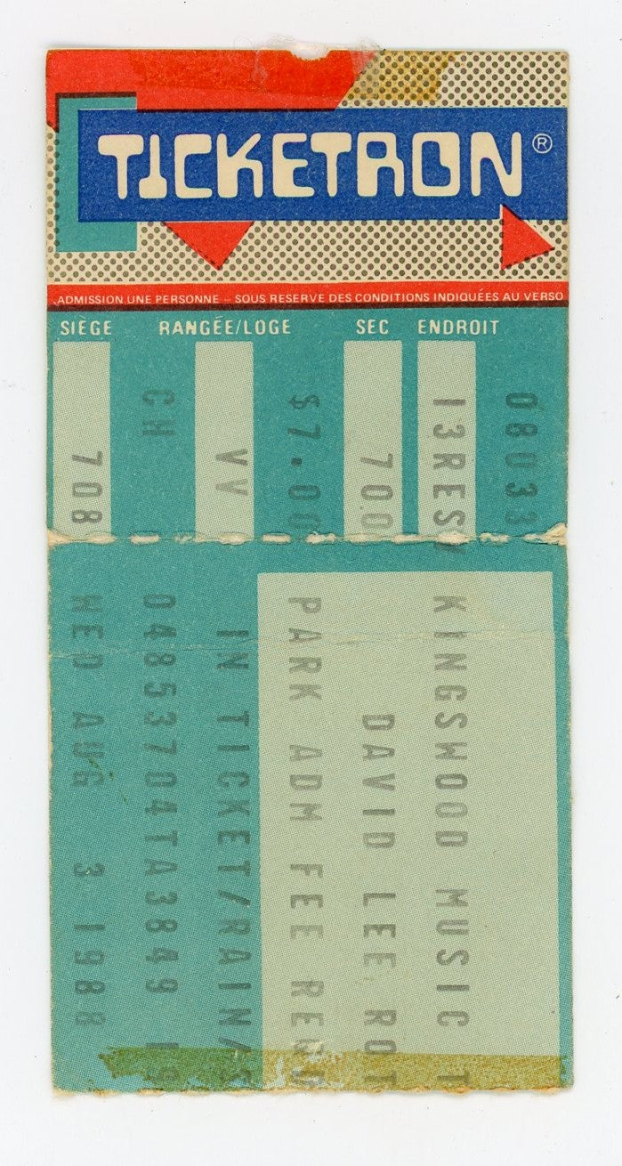 David Lee Roth Vintage Concert Ticket Stub Kingswood Music Theatre (Toronto, 1988)