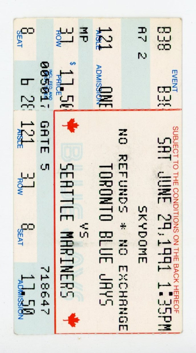 Toronto Blue Jays vs. Seattle Mariners Vintage Ticket Stub Skydome (Toronto, 1991)