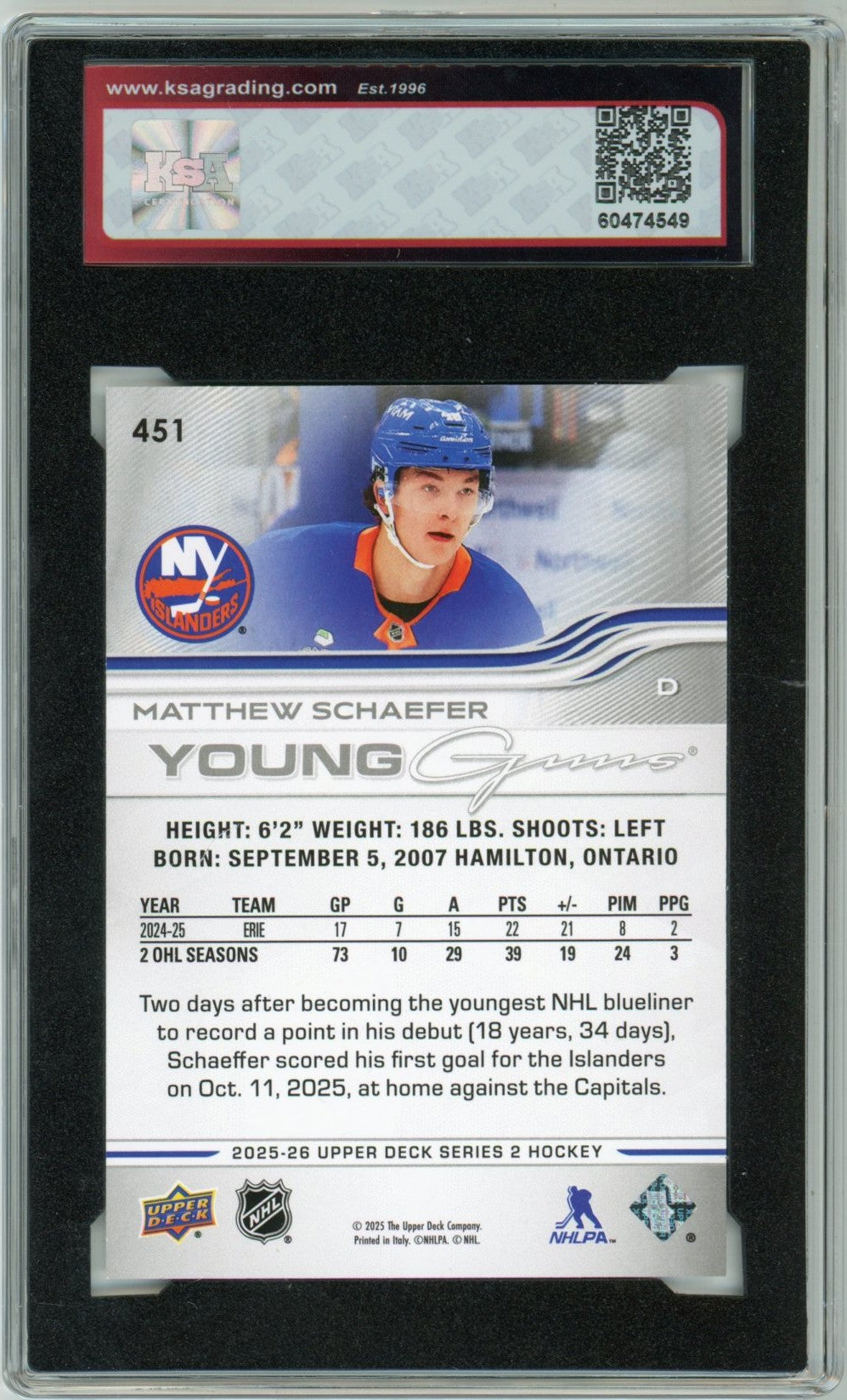 2025/26 Upper Deck Matthew Schaeffer Graded Young Guns Rookie Card #451 KSA 9