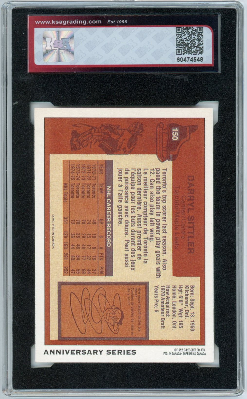 1992/93 OPC O-Pee-Chee Anniversary Darryl Sittler Graded Autograph Card #8 KSA 8 AUTO 8