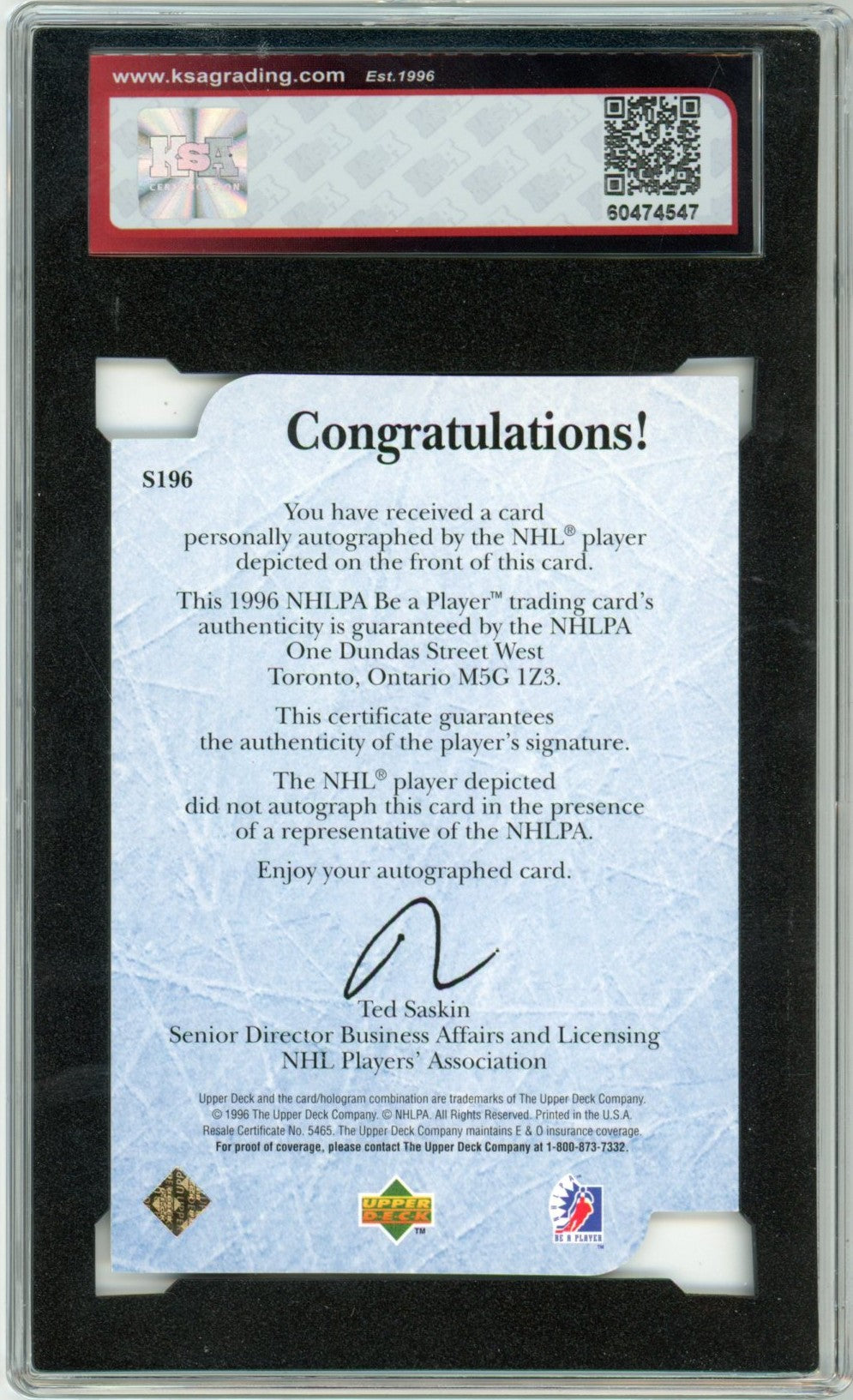 1995/86 Upper Deck Be A Player Grant Fuhr Die Cut Graded Autograph Card #S196 KSA 9 AUTO 9