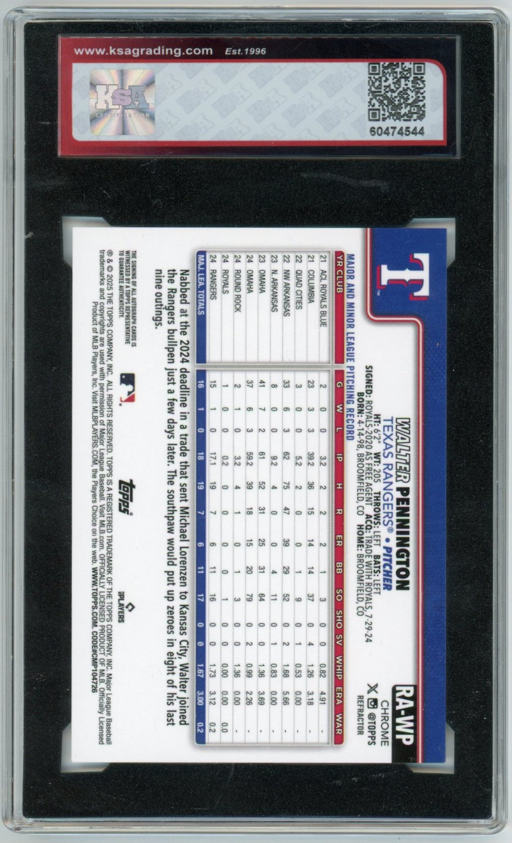 2025 Topps Chrome Walter Pennington Refractor Graded Rookie Autograph Card #RA-WP /499 KSA 9 AUTO 10