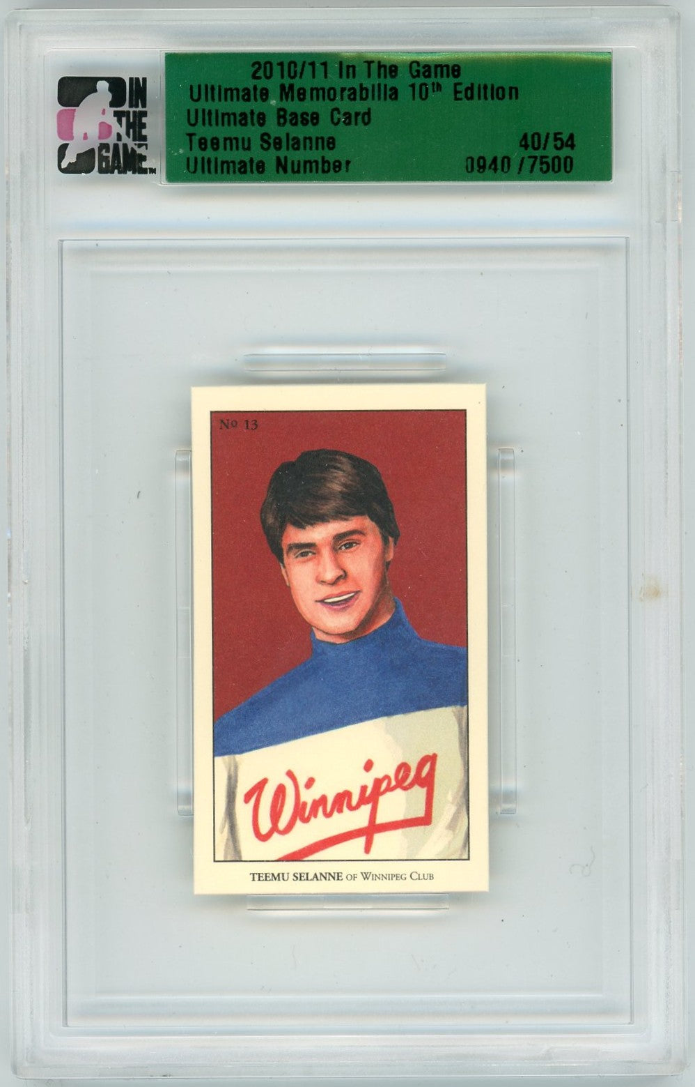 2010/11 In The Game Teemu Selanne Ultimate Memorabilia 10th Edition Graded Card