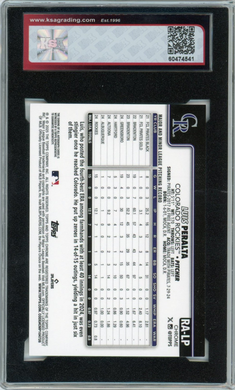2025 Topps Chrome Luis Peralta Graded Rookie Autograph Card #RA-LP KSA 8.5 AUTO 10