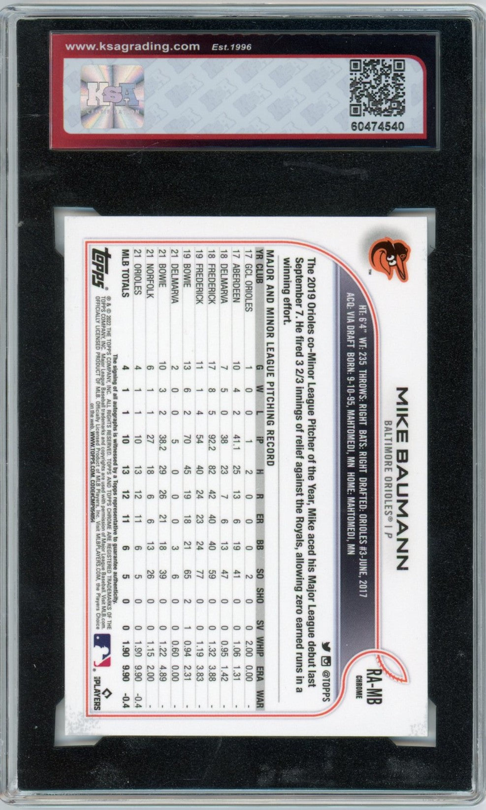 2022 Topps Chrome Mike Baumann Graded Rookie Autograph Card #RA-MB KSA 9 AUTO 10