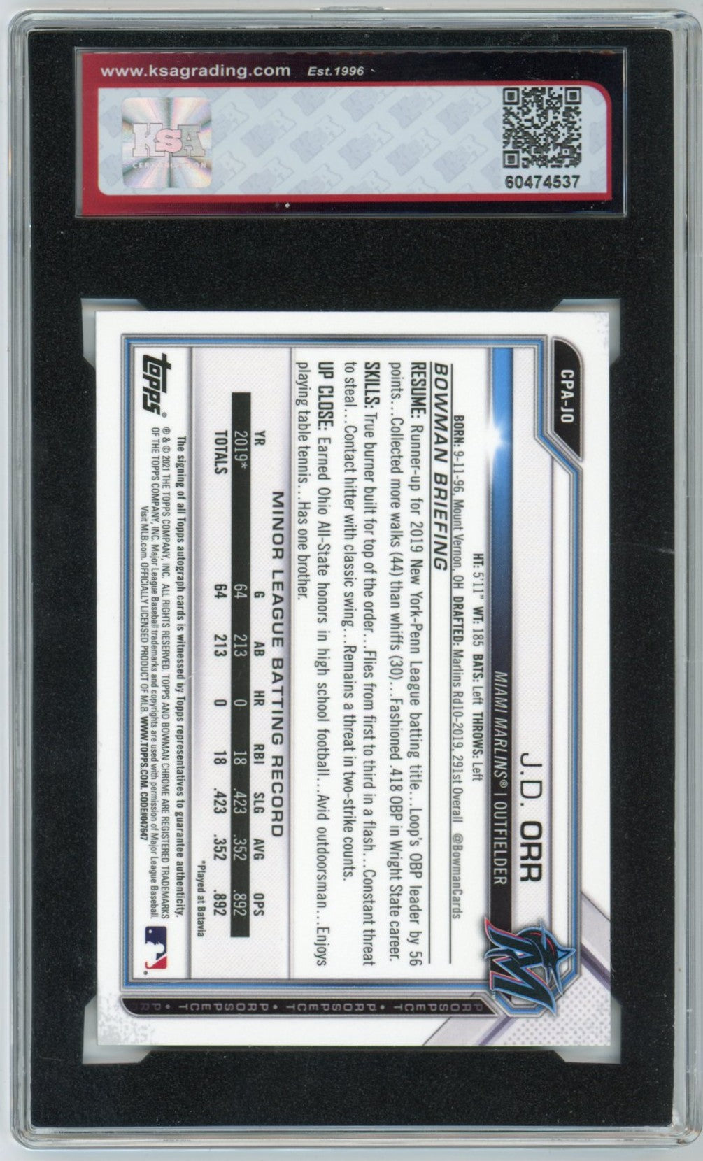 2021 Bowman Chrome Prospects J.D. Orr Graded Rookie Autograph Card #CPA-JO KSA 10 AUTO 10