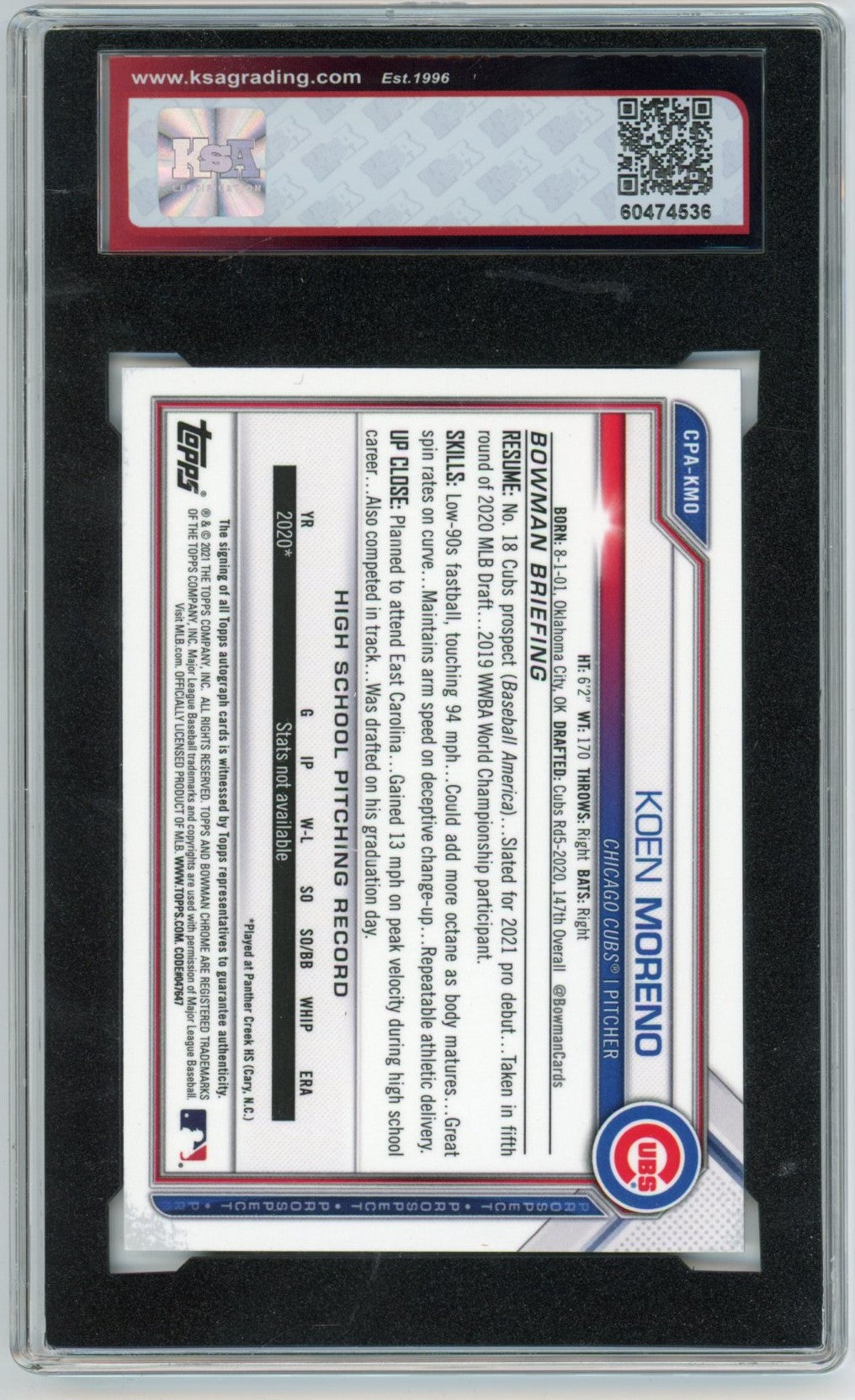 2021 Bowman Chrome Prospects Koen Moreno Graded Rookie Autograph Card #CPA-KMO KSA 9 AUTO 10