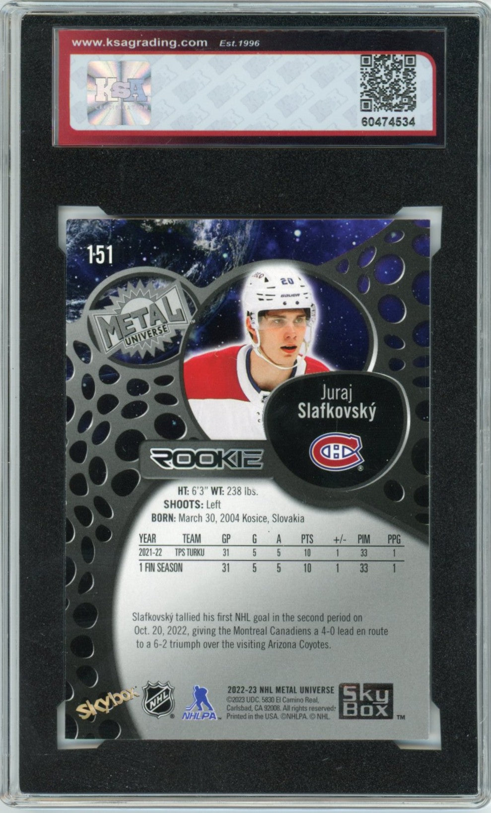 2022/23 Skybox Metal Universe Juraj Slafkovsky Graded Rookie Card #151 KSA 8.5