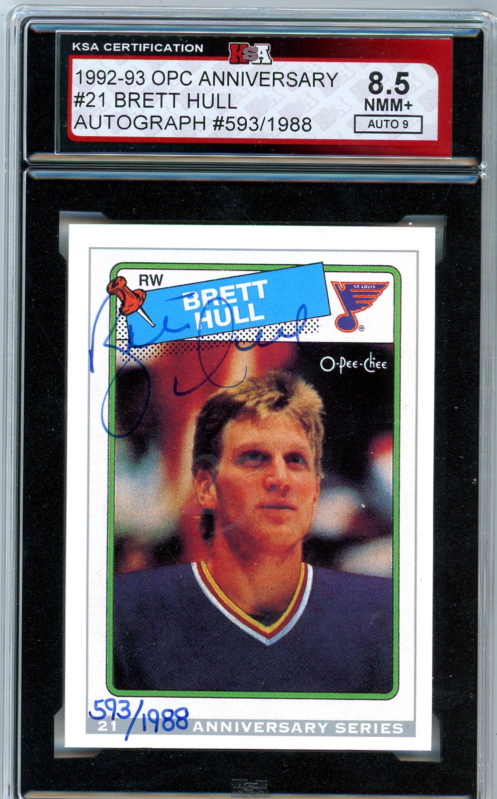 1992/93 O-Pee-Chee OPC Anniversary Brett Hull Graded Autograph Card KSA 8.5 /1988