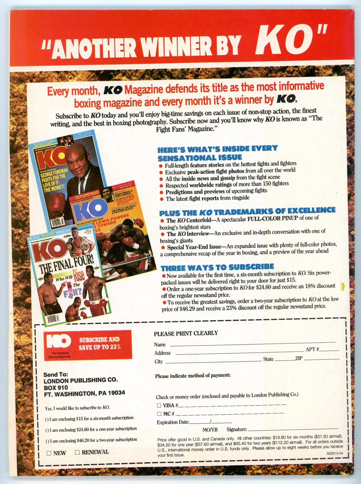 KO Knockout Boxing Vintage Magazine (April 1995) George Foreman Fighter of the Year