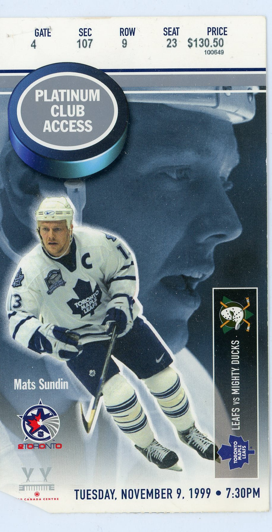 Toronto Maple Leafs vs. Anaheim Mighty Ducks Vintage Ticket Stub Air Canada Centre 1999