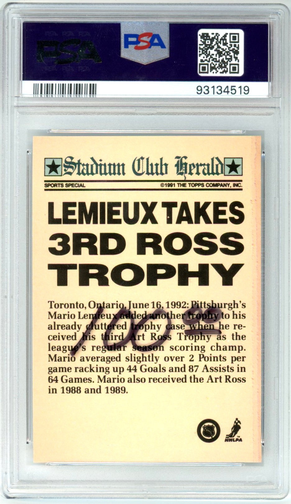 1991 Topps Stadium Club Mario Lemieux Members Only Graded Hockey Card PSA 10